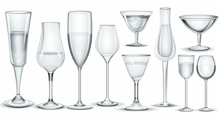 Sticker - The empty transparent cocktail glass is ideal for wine, champagne, and long drinks. Realistic modern illustration set of kitchen and restaurant glassware.