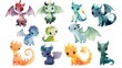Colorful Mythical Creatures Fantasy Dragons and Dinosaurs Decorative Cartoon for Children s Graphic Design and Game Assets