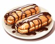 Two eclairs with chocolate sauce on white plate isolated on white background.