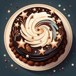 Whipped cream chocolate cake decorated with chocolate stars and white chocolate spiral.