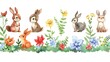 Charming Rabbits Amid Blooming Spring Flowers and Lush Greenery