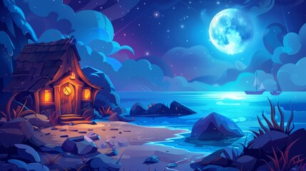 Canvas Print - Imaginary wooden house with light coming from windows and lantern over door at night with gnome or fairy animal. Cartoon dark magic landscape with cozy tiny elf cottage by the sea under moonlight.