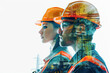 A captivating double exposure image blending the profiles of a male and female engineer with the complex structures of an industrial plant, symbolizing teamwork and expertise in the field.