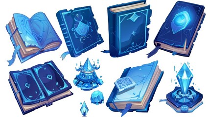 Wall Mural - Wizard alchemy and spell grimoire with blue cover. Fairytale library clipart for witchcraft illustration. Medieval evil knowledge object with gems.
