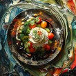 Artistic top view of a fusion dish, blending Eastern and Western flavors, plated to resemble an abstract painting, in a digital oil style.