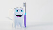 Happy 3D Cartoon Tooth with Toothbrush on White Background. Suitable for use in dental themes, oral hygiene educational materials, and toothpaste advertisements for kids.