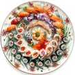 World-class culinary art from above, a plate of seafood arranged in a spiral pattern with natural sea elements, watercolor technique.