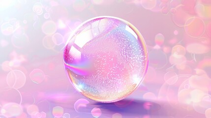 Wall Mural - Realistic modern 3d transparent soap ball. Rainbow bubble with foam texture. Dream bokeh laundry illustration with sparkle.