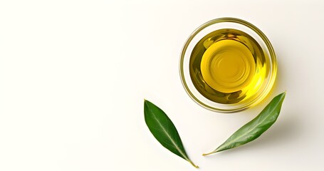 Wall Mural - Minimalist top view of olive oil in glass bowl with green leaves on white. Simple, clean food styling. Perfect for health, cuisine, and wellness themes. AI