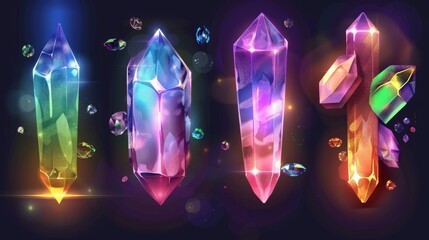 Poster - The rainbow crystal light set is isolated on a transparent background. It features a holographic lens flare effect, iridescent diamond glow overlay, and modern realistic sunlight reflection on