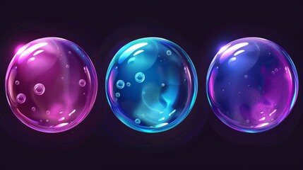 Wall Mural - Sphere of soapy glossy water flying in air, with iridescent pink, blue and purple gradient colors. Realistic 3D modern illustration set of rainbow shampoo spheres.