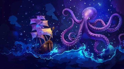 The sailboat is surrounded by fantasy kraken tentacles at night, crashing into a monster octopus in the ocean at midnight dusk. Cartoon illustration of a mythological underwater animal attacking a