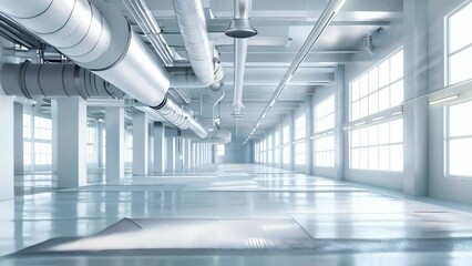 Wall Mural - A wide shot of an empty factory hall with industrial air flow pipes and modern equipment