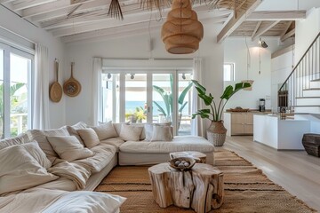 Poster - Modern beach house living room with comfy sofa, natural decor, and a stunning ocean backdrop