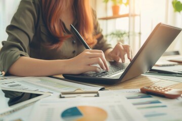 Poster - a woman sitting at a desk using a laptop computer. suitable for technology and remote work concepts
