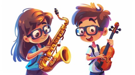 Wall Mural - A child is playing sax and violin in an orchestra at school. A musical group is playing jazz rhythms. An isolated image of a happy child playing jazz rhythms.