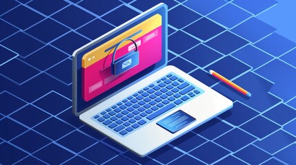 Poster - A concept of protecting personal data through the use of an isometric modern. There is a logo with a login and password on top of an open laptop screen on a blue honeycomb background.