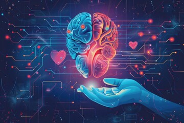 Poster - Human brain held by hands, futuristic digital background. Ideal for medical concepts or technology themes
