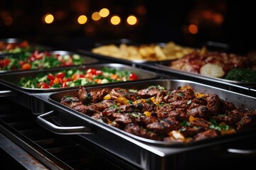 Wall Mural - Catering buffet food indoor in restaurant with grilled meat.