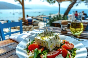 Greek salad with feta cheese and olive oil on plate. Greek healthy food