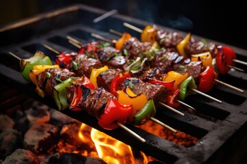 Poster - Skewers of meat on the grill with onions and peppers. Generative AI