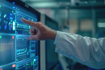 Poster - Person pointing at monitor screen displaying graphs, suitable for business presentations