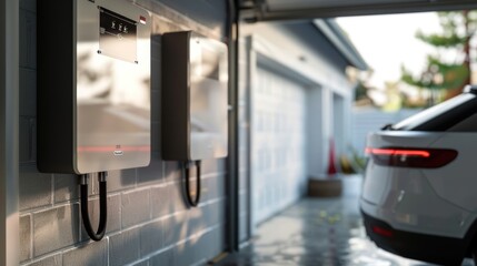 Concept of a home battery packs alternative electric energy storage system at modern home garage wall as backup or sustainable energy concepts.