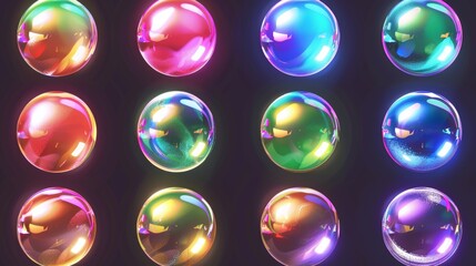 Poster - Iridescent bubble bursting sprite animation. Spectrum sheet with rainbow reflection. 3d storyboard kit for abstract magic blowing balloons.