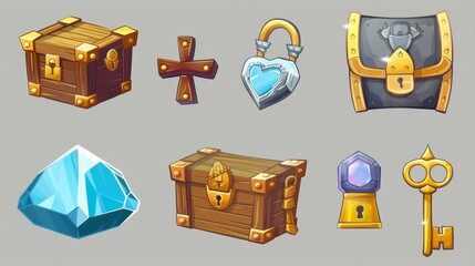 Wall Mural - The icon set consists of a set of cartoon game icons isolated on a white background. It includes a wooden treasure chest with an amethyst, a golden key and lock, a blue gemstone in a silver frame, a