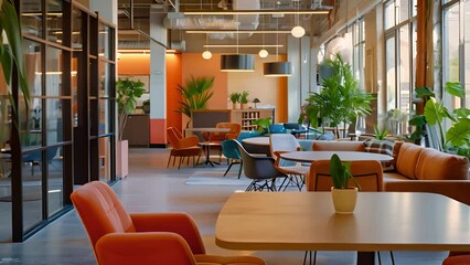 Poster - Spacious lounge in an office setting with plush chairs, plants, and ample sunlight.