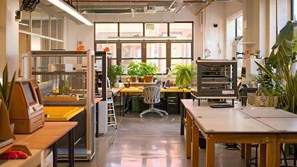 Poster - An open-plan office filled with plants enjoys abundant sunlight, creating a warm, inviting workspace.