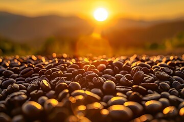 Poster - Closeup of coffee beans basking in the warm sunset light amidst a mountainous landscape