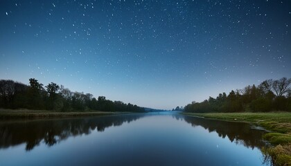 Wall Mural - A calm river under a starry night sky. The background is a smooth gradient from dark blue 