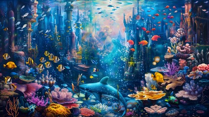 Wall Mural - A vibrant underwater city with mermaids and sea creatures