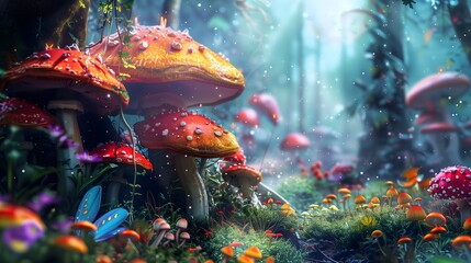 Wall Mural - A whimsical fairy tale forest with colorful mushrooms and hidden fairy houses