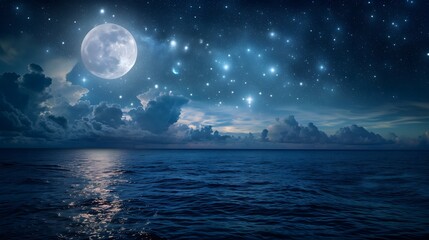 Wall Mural - A dreamy night sky with a full moon and twinkling stars over a calm ocean