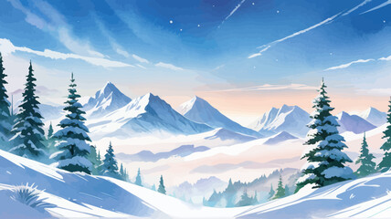 Wall Mural - a painting of a snowy mountain scene with pine trees