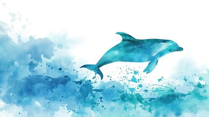 Wall Mural - A dolphin is swimming in the ocean with splashes of blue and white paint