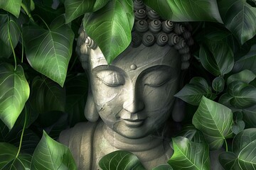 Wall Mural - meditating marble buddha serene buddha statue nestled among lush green leaves symbolizing peace wisdom and enlightenment digital illustration