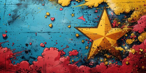 Wall Mural - A pop art comic book style background with a yellow star in the middle, colorful and dynamic. The design includes speech bubbles of different colors and shapes, adding fun to the composition. 