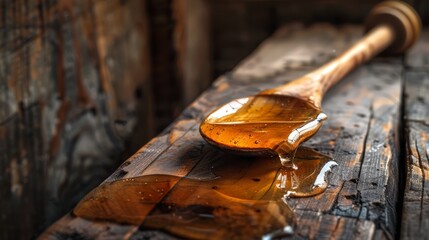 Wall Mural - A spoonful of honey is dripping from a wooden spoon