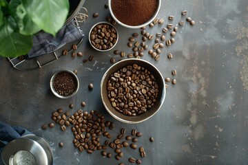 Poster - Topdown view of roasted coffee beans and ground coffee on a textured surface