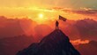 © crazyass - A hand planting a flag on a mountain peak, silhouetted against a breathtaking sunset