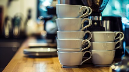 A stack of empty coffee cups on a desk