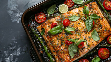 Wall Mural - Baked salmon garnished with asparagus and tomatoes with herbs. Seafood, fresh, healthy. Room for copy space.