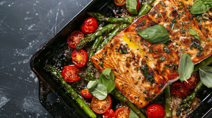 Wall Mural - Baked salmon garnished with asparagus and tomatoes with herbs. Seafood, fresh, healthy. Room for copy space.