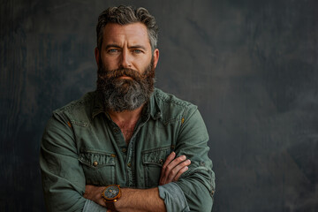 Wall Mural - Photo of a rugged man with a beard standing with crossed arms on a dark gray studio background