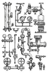Poster - Detailed drawing of various pipes and valves, suitable for industrial concepts and engineering projects