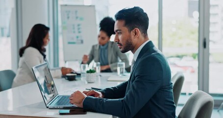 Poster - Business man, typing and planning on laptop in meeting with website research, proposal and thinking in finance job. Worker or accountant at agency with online bookkeeping services, sign up and FAQ