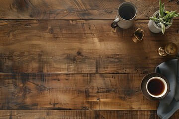 Poster - Warm coffee setup on a textured wooden table, complemented by greenery and vintage elements